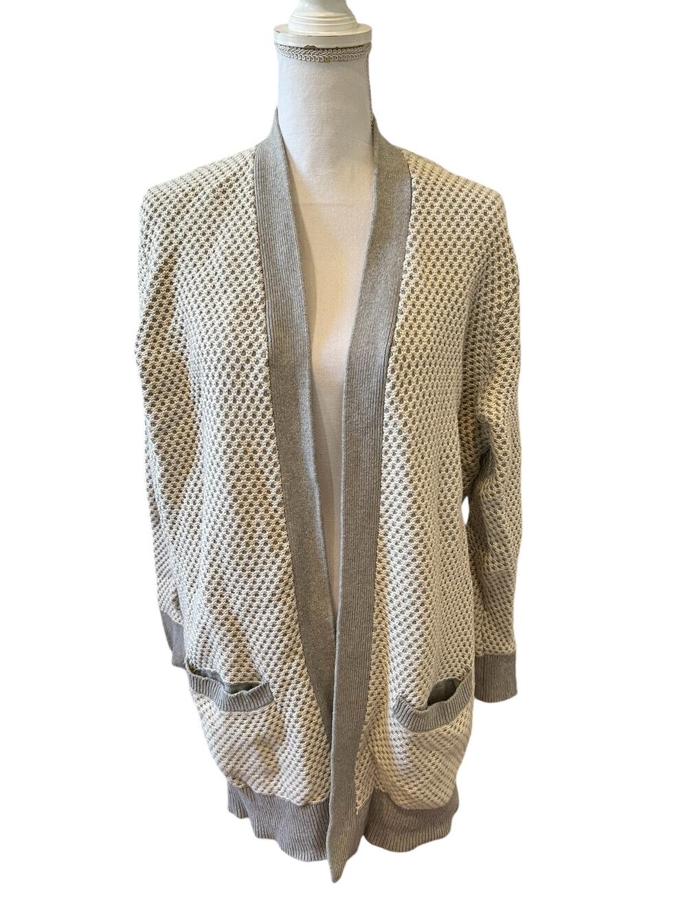 LL Bean Cotton Organic Cotton Cocoon Cardigan Sweater Gray Cream XL